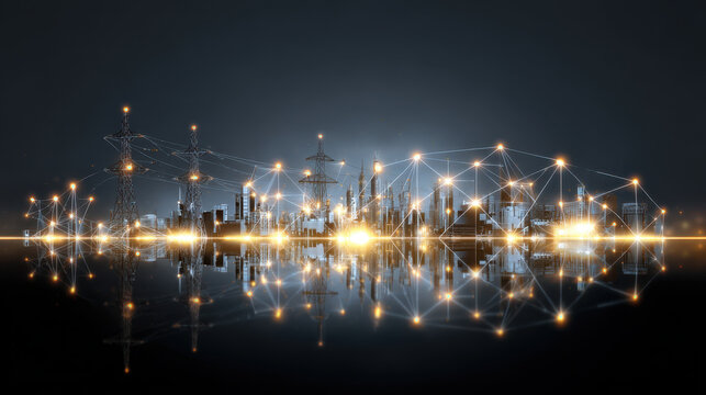 Futuristic cityscape illuminated by glowing lights and interconnected smart grid energy networks, symbolizing advanced IoT technology and sustainable energy solutions