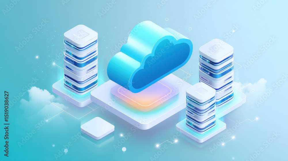 Poster futuristic 3d illustration of cloud computing technology, featuring glowing cloud icon surrounded by