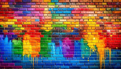 Vibrant Rainbow Brick Wall Texture Background Painted with Bold Colors Dripping Paint