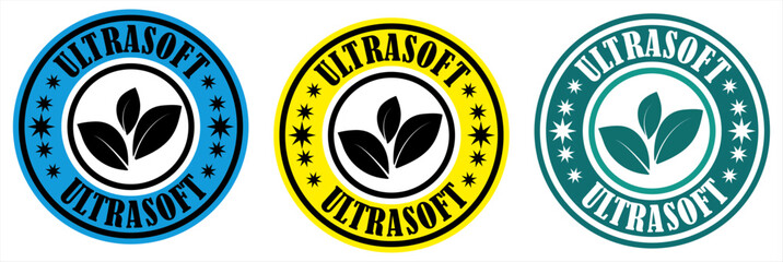 Ultrasoft product label design with leaves and stars in blue yellow and green color variations vector. Ultrasoft eco label stamp design. Set of ultrasoft packaging badges