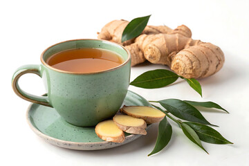 Green cup of ginger tea with fresh ginger root and leaves
