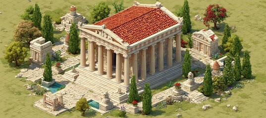Roman Greek temple building 3D illustration. Landmark ancient religion building architecture. Generative AI technology.