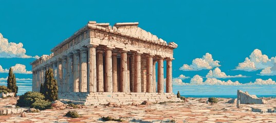 Greek temple ruin. Landmark ancient religion building architecture. Generative AI technology.