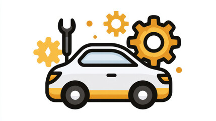 Obraz premium Car icon with spark plug, gears, and wrench symbolizing repair and maintenance, featuring clean and modern design with yellow and black accents