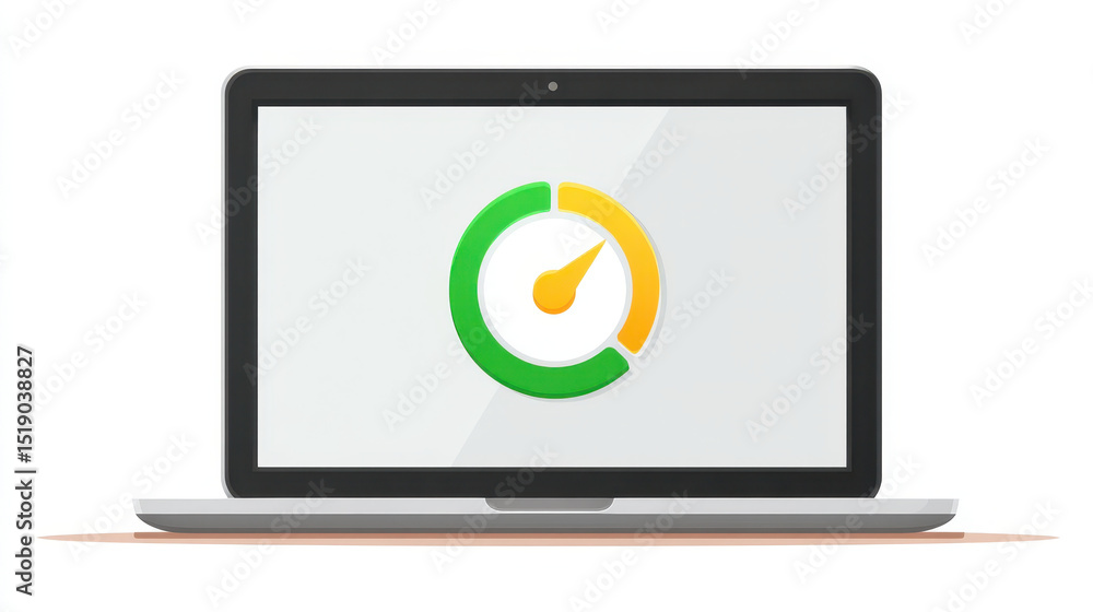 Poster laptop screen displaying progress bar symbol with speedometer like design, indicating performance or