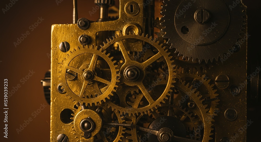 Poster a close up of a clock with gears and a gold finish