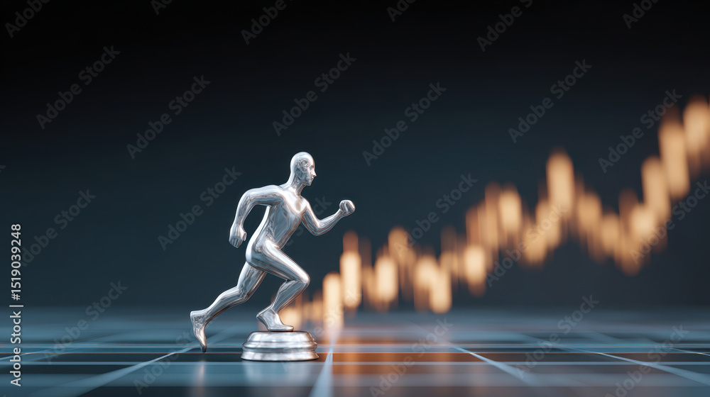 Poster metallic figure of running man is placed on grid surface, symbolizing progress and determination, wi