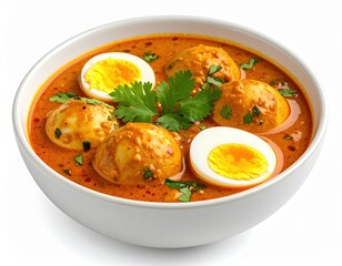 A delicious and flavorful bowl of creamy egg curry is presented on a white background showcasing the rich, aromatic sauce and perfectly cooked eggs.