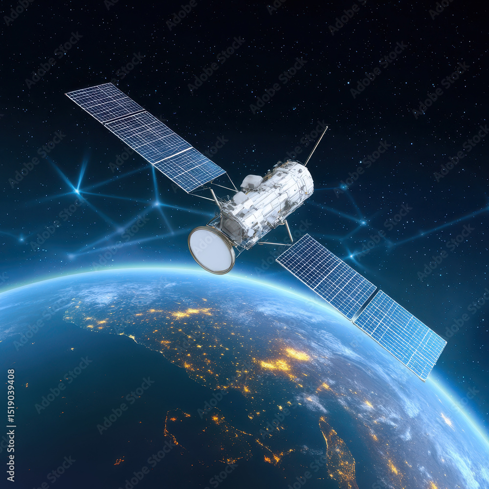 Poster satellite orbiting earth with illuminated continents visible below, surrounded by network of glowing