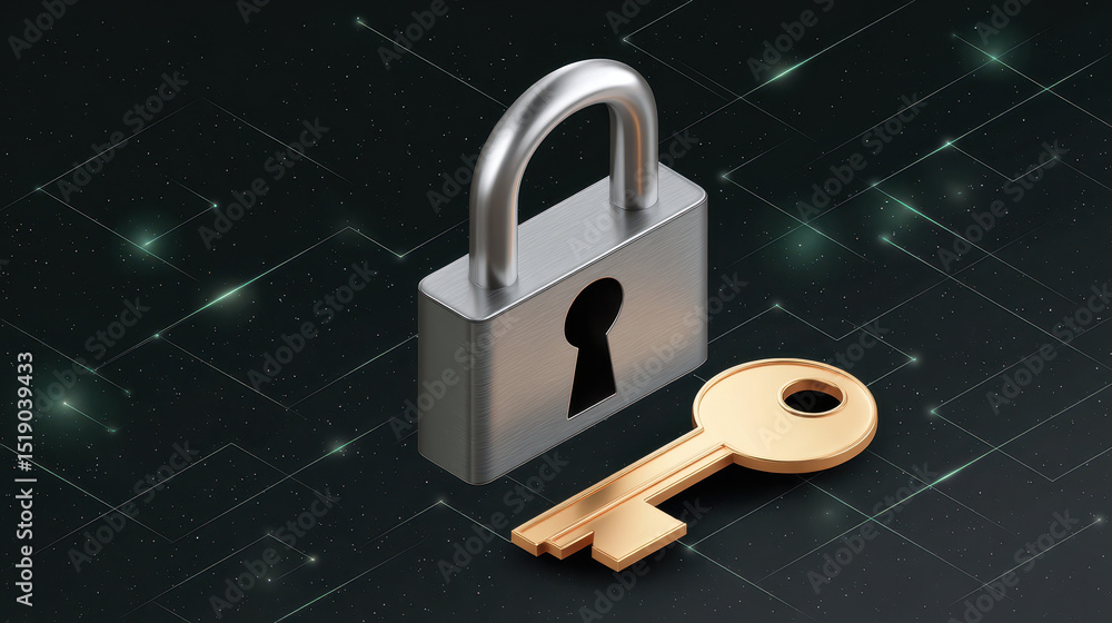 Poster metallic padlock and golden key are placed on futuristic digital background with glowing grid lines,
