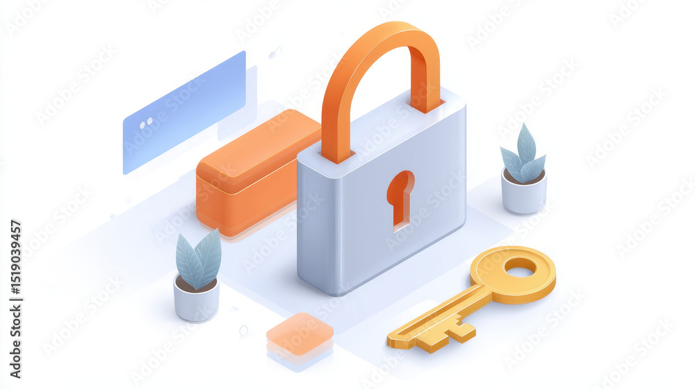 Poster 3d illustration of secure data encryption concept featuring large padlock, golden key, and digital i