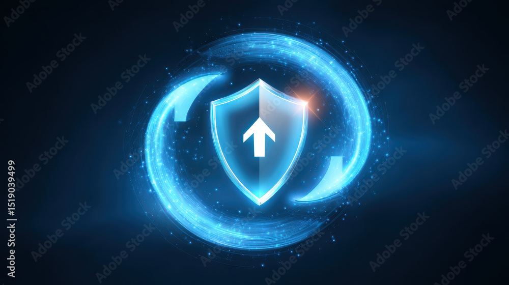 Poster glowing blue shield with upward arrow in center is surrounded by circular digital effects, symbolizi