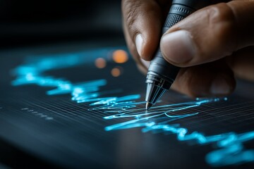 A hand drawing glowing financial data on a digital screen, perfect as a wallpaper or backdrop for finance and tech themes.








