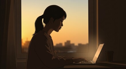 Girl Using Laptop at Desk Near Sunset Window