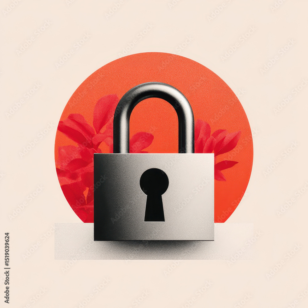 Poster metallic padlock is centered against vibrant red circular background with floral elements, symbolizi
