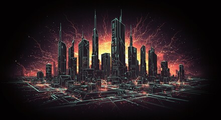 Cyberpunk Cityscape with Energy Surge Illustration