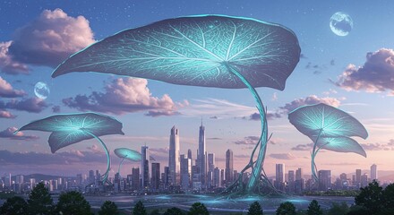 Futuristic Cityscape with Giant Glowing Plants at Sunset