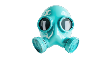 A vibrant teal gas mask, rendered in 3D, is presented against a stark black background. Its glossy surface reflects light, highlighting its smooth, rounded contours