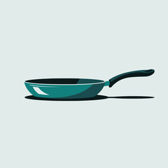 Modern illustration of a teal frying pan with black handle and shadow isolated on a clean background for culinary or cooking concepts