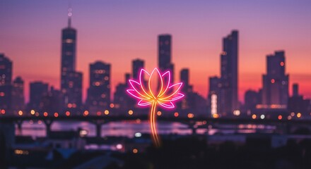 Lotus Flower Neon Sign over Cityscape at Sunset
