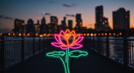 Neon Lotus Flower at Dusk with Cityscape