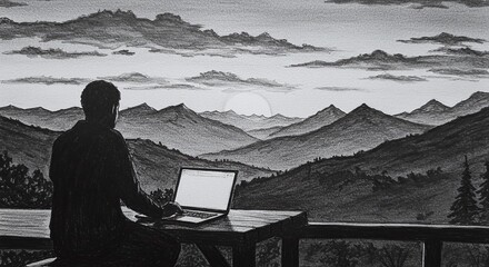 Man Working on Laptop with Mountain View at Sunset