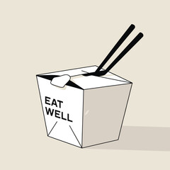 Vector illustration of a takeaway chinese food container with chopsticks promoting healthy eating and balanced diet