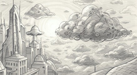 Futuristic Cityscape with Clouds and Advanced Technology