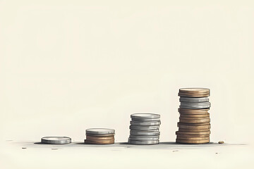 Simple but powerful financial growth concept using symbolic coin stacks to represent investment or profit - Minimalist illustration of a stack of coins gradually increasing in size on a clean neutral 