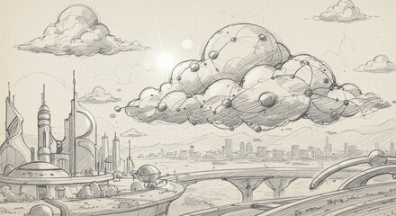 Sci-Fi Cityscape Sketch with Futuristic Transport and Cloud Technology