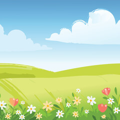 Fototapeta premium Grass and sky background. Crayon kid landscape with spring field. Vector green grass, flower, blue sky, cloud child wax pastel painting.children, border, chalk, doodle, draw, land, lawn, meadow, paint