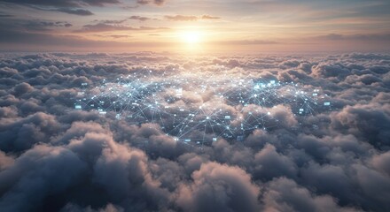 Digital Network Above the Clouds at Sunset