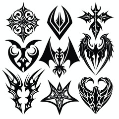 Collection of Nine Gothic Inspired Black and White Vector Tattoo Designs