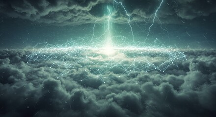 Abstract Lightning Storm Over Digital Cloud Network
