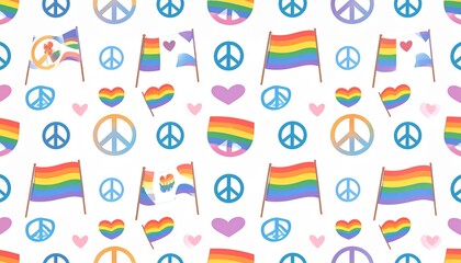 Vibrant Rainbow Pride Flag Peace Symbols Seamless Pattern Background LGBTQIA Love Hearts