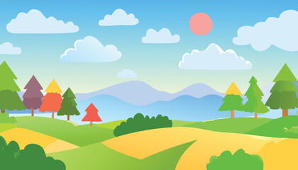 Obraz premium village vector art.land, design element, village, illustration, flat design, house, nature, outdoors, rural scene, vector, agricultural field, agriculture, farm, summer, landscape - scenery, backgroun