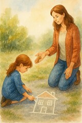 A girl draws a house with chalk as a woman kneels beside her, offering a golden key with a warm smile..Concept: Nurturing dreams into reality through guidance.