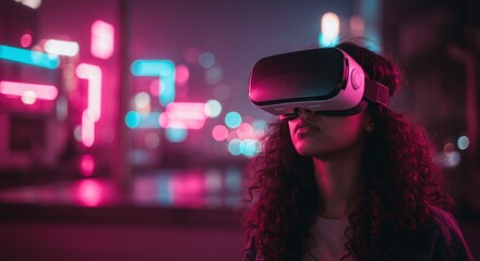 Woman Immersed in VR Gaming Experience at Night