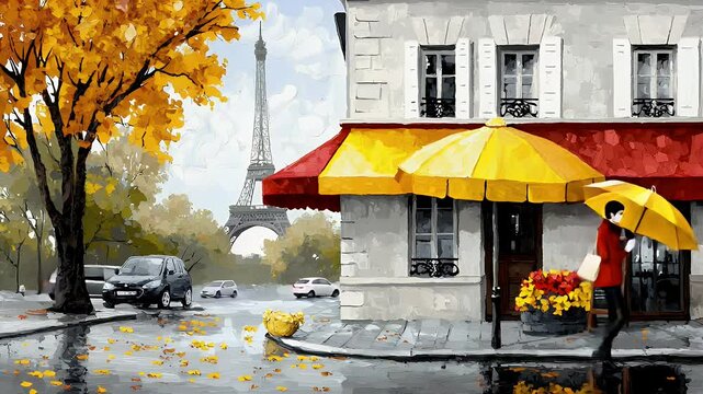 Woman with Yellow Umbrella on Rainy Autumn Day in Paris near Eiffel Tower