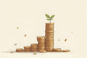Simple but powerful financial growth concept using symbolic coin stacks to represent investment or profit - Minimalist illustration of a stack of coins gradually increasing in size on a clean neutral 