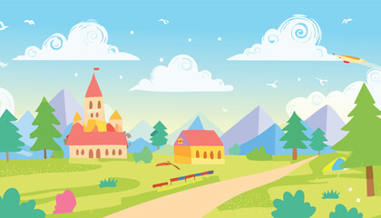village vector art.land, design element, village, illustration, flat design, house, nature, outdoors, rural scene, vector, agricultural field, agriculture, farm, summer, landscape - scenery, backgroun