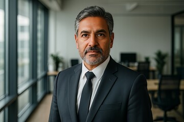 Portrait of a mature businessman in a suit standing in an office with large windows and desk space