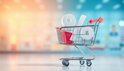 Shopping cart with large percentage sign, symbolizing discounts, mortgage rates, or investment returns,  discount,  figures