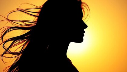 Side profile silhouette of a figure with long flowing hair, eyes closed, conveying serenity and self-acceptance,  inner peace,  feminine