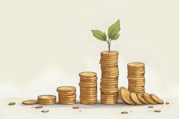 Simple but powerful financial growth concept using symbolic coin stacks to represent investment or profit - Minimalist illustration of a stack of coins gradually increasing in size on a clean neutral 