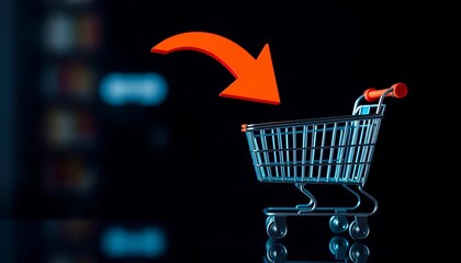 Shopping cart icon with large arrow pointing to empty space for product details,  arrow,  ecommerce marketing