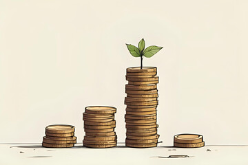 Simple but powerful financial growth concept using symbolic coin stacks to represent investment or profit - Minimalist illustration of a stack of coins gradually increasing in size on a clean neutral 