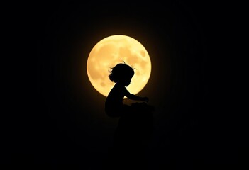 Silhouette of child playfully riding on adult's shoulders against a full moon and night sky,  precious,  stars