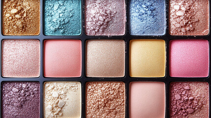 Fototapeta premium Delicate shimmery pastel eyeshadows flat lay