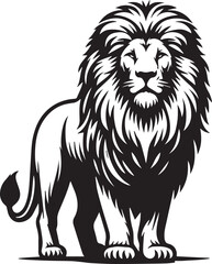 Fototapeta premium Black and white portrait of a majestic lion in a victorious pose, front view, symbolizing strength, power, and leadership.